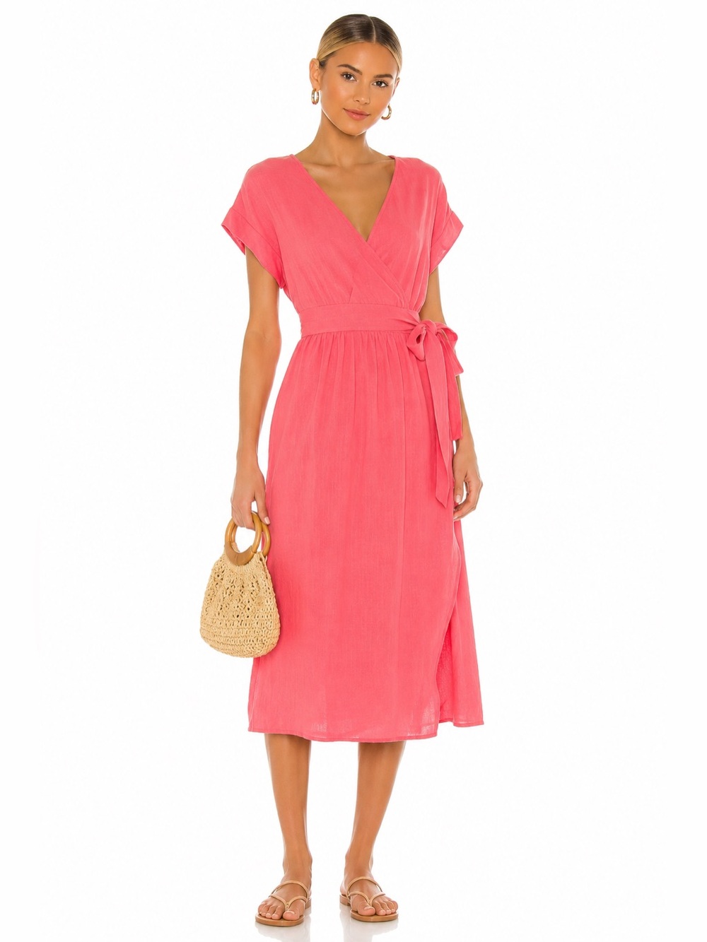 Sadie & Sage Coral Wrap Midi Dress with Side Tie